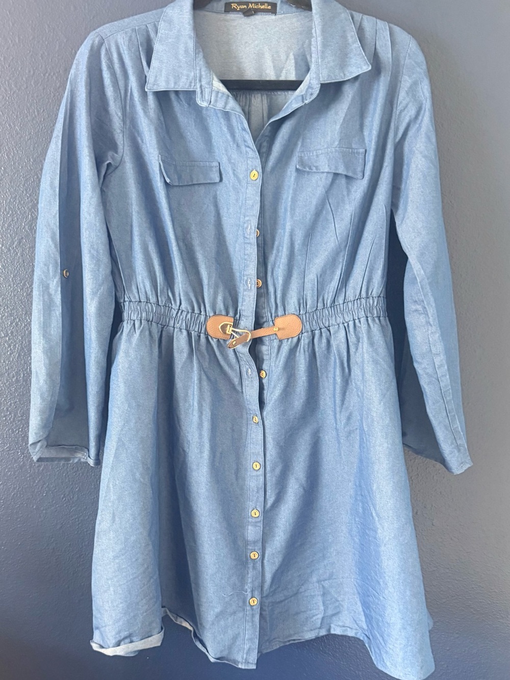 Ryan Michelle Light Blue Denim Button-Down Shirt Dress